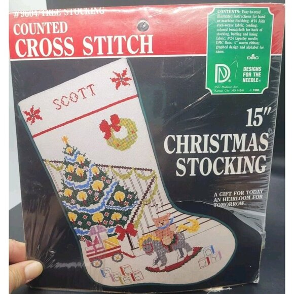 Vtg Christmas Stocking Cross Stitch Kit Tree Ornaments Toys Holiday Gift Retro - Picture 1 of 4